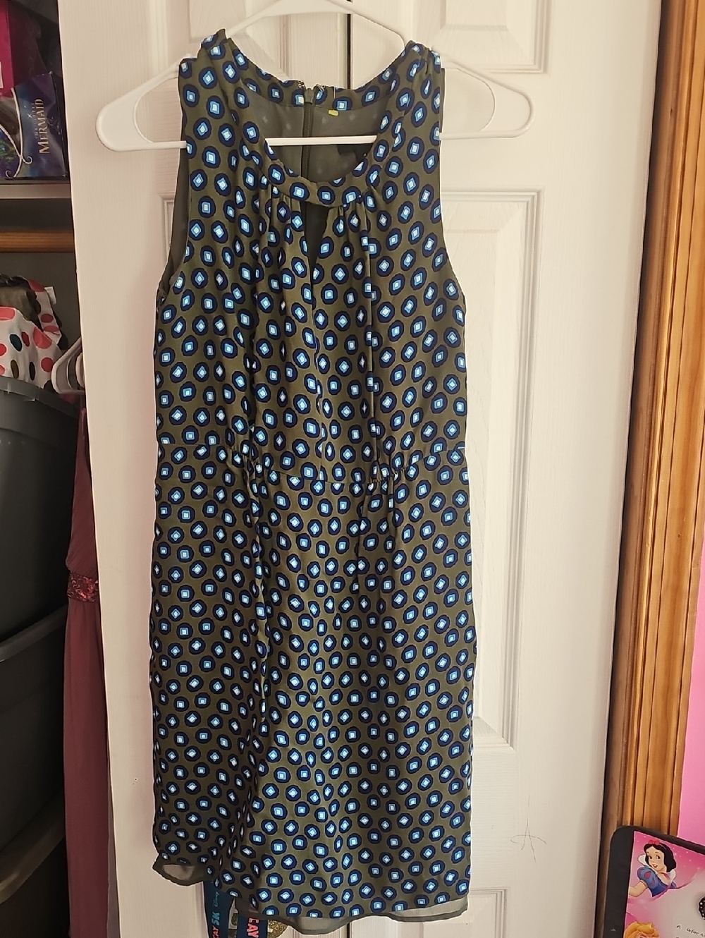 J. Crew Olive Shift Dress with Blue and Teal Dot Print